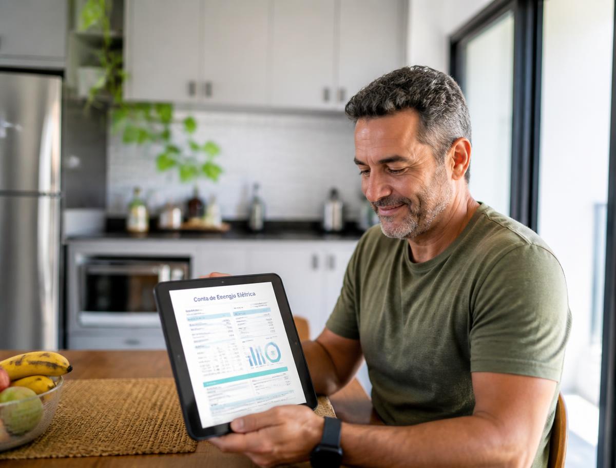 Homem conferindo a conta de energia elétrica em um tablet na cozinha de casa